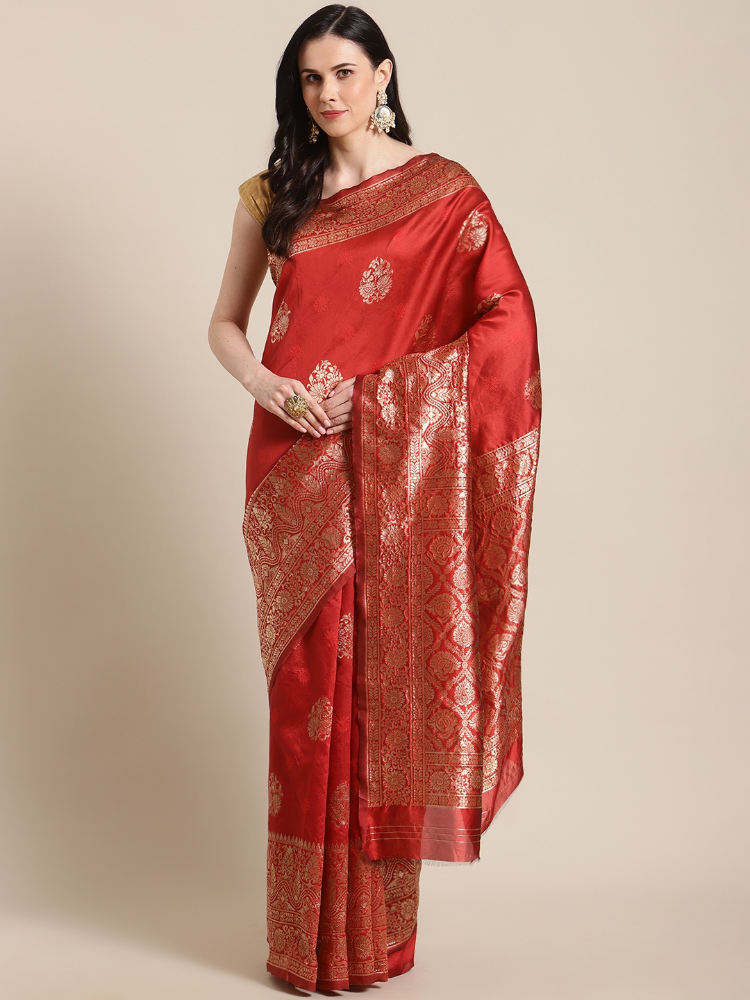 

Mitera Red & Golden Woven Design Kanjeevaram Saree