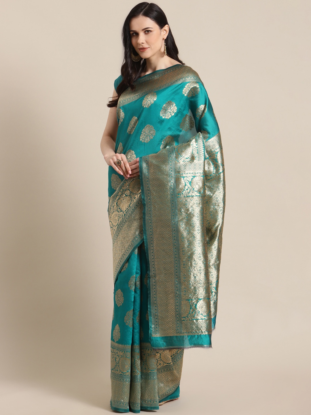 

Mitera Teal Green & Golden Woven Design Banarasi Saree