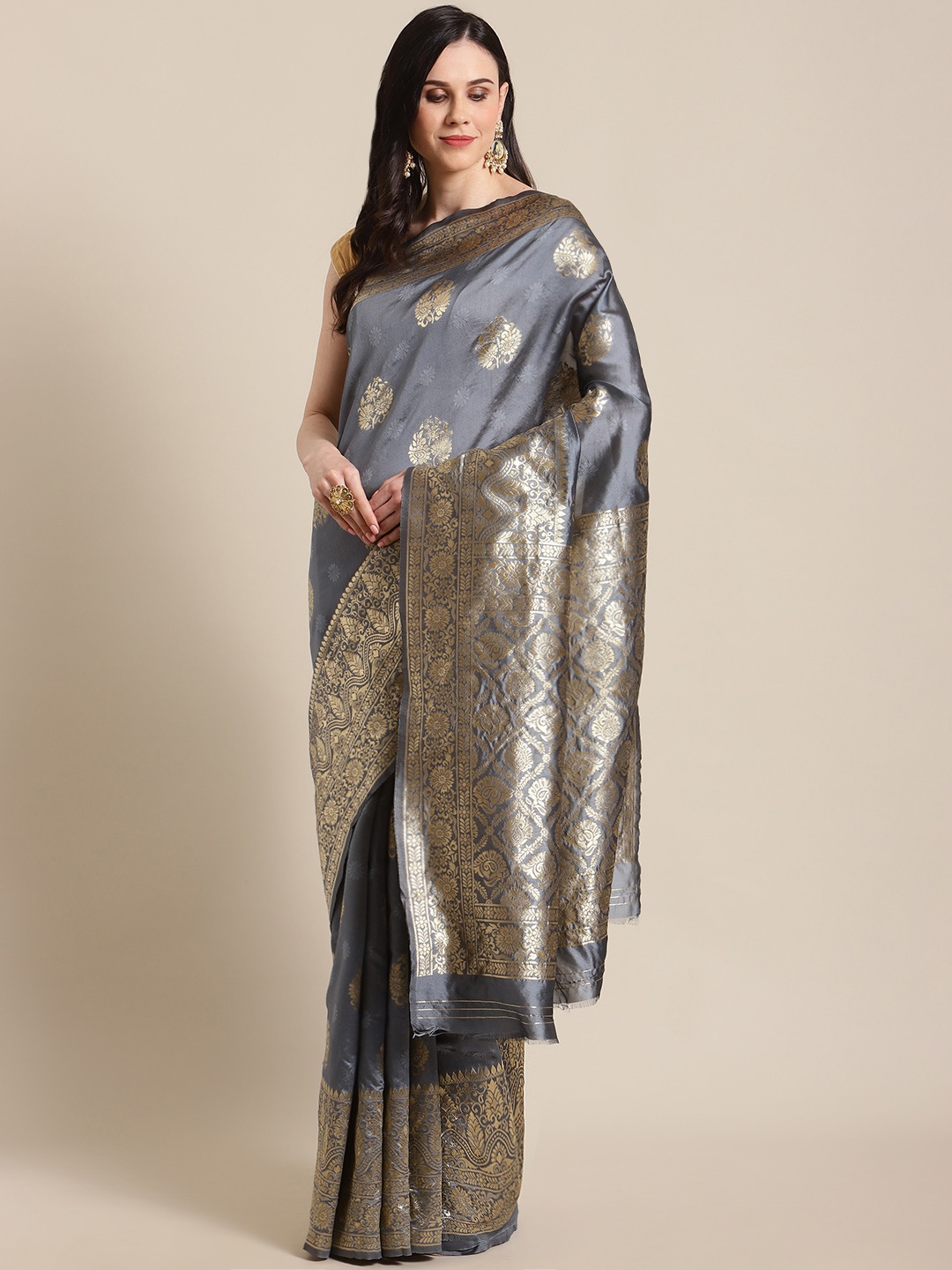 

Mitera Grey & Golden Woven Design Banarasi Saree