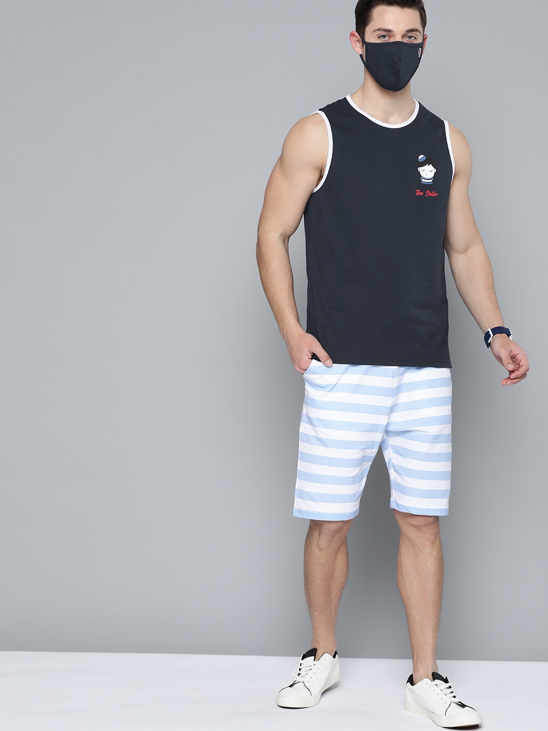 

Mast & Harbour Men Blue & White Solid Pure Cotton T-shirt with Shorts & Mask