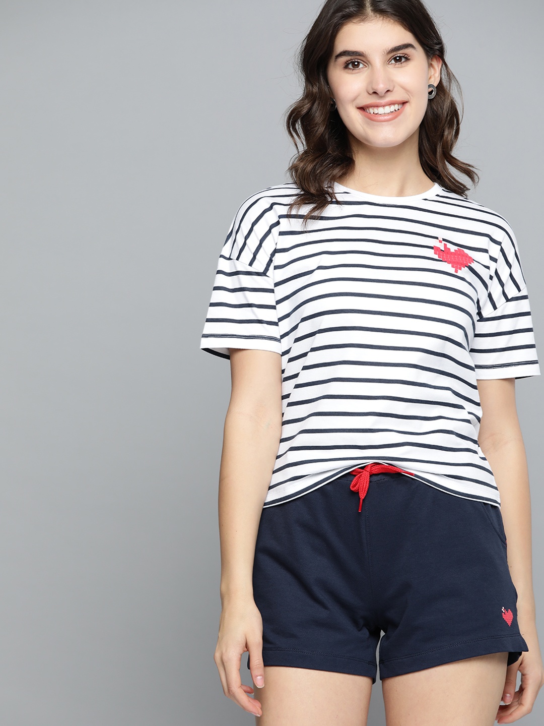 

Mast & Harbour Women White & Navy Blue Striped Yarn Dyed T-shirt with Shorts & Mask