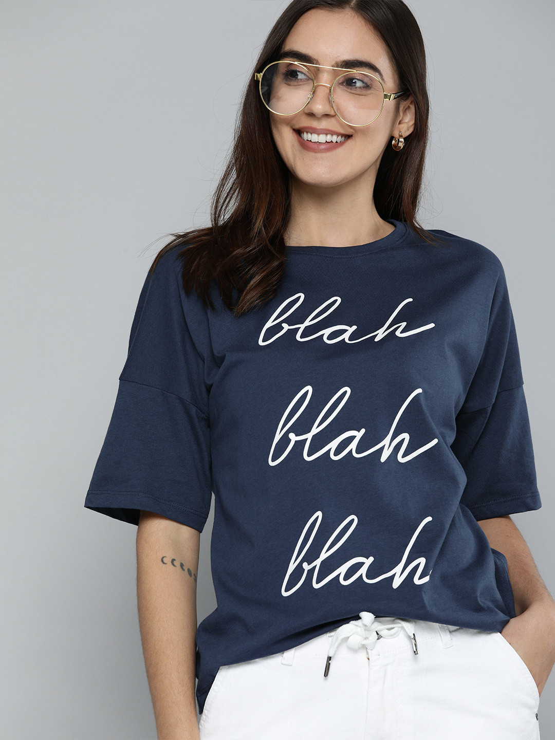 

Mast Harbour Women Navy Blue Printed Round Neck Pure Cotton T-shirt