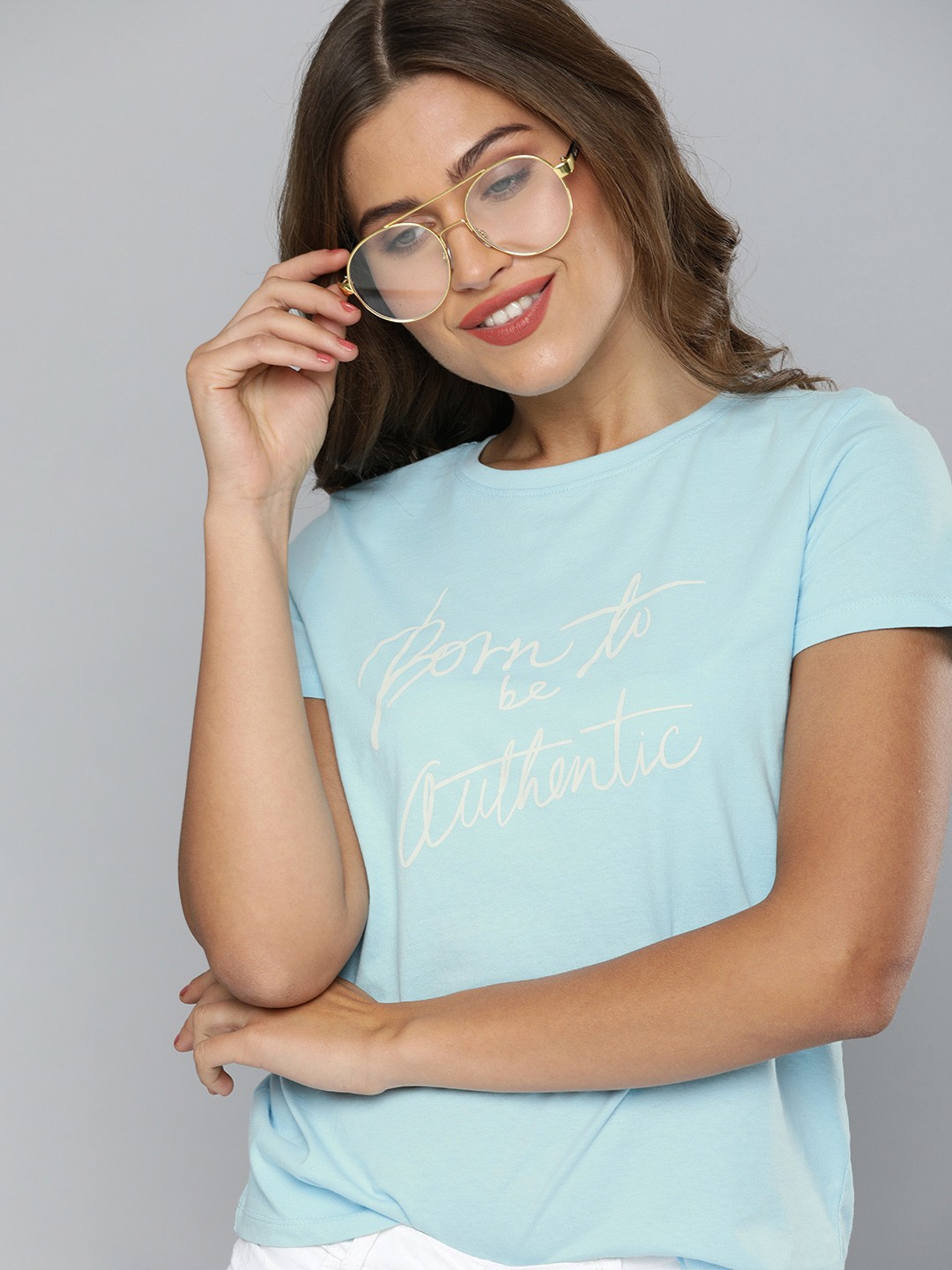 

Mast Harbour Women Turquoise Blue Printed Round Neck Pure Cotton T-shirt