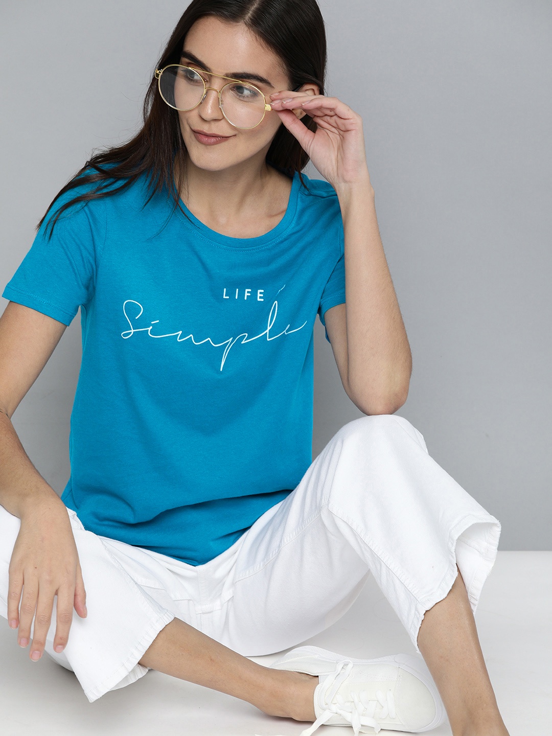 

Mast Harbour Women Blue Printed Round Neck Pure Cotton T-shirt