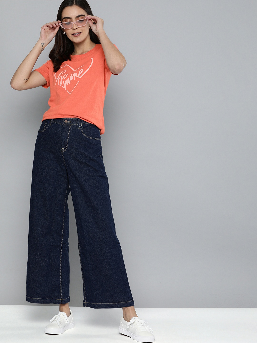 

Mast Harbour Women Coral Pink Printed Round Neck Pure Cotton T-shirt