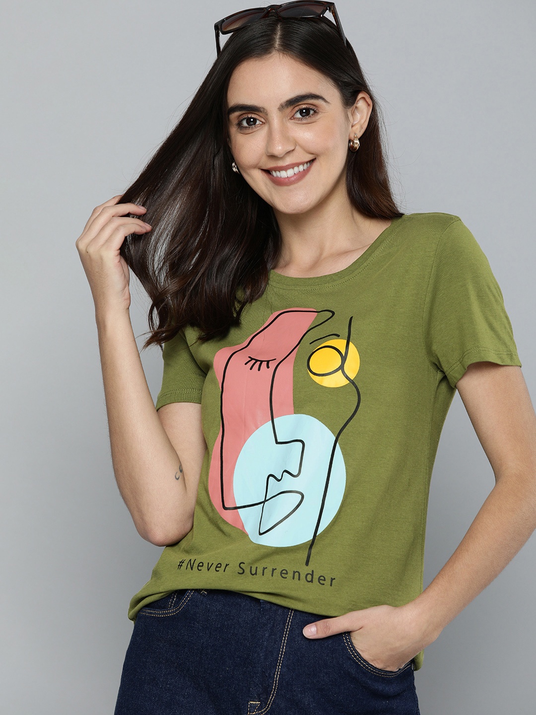 

Mast Harbour Women Olive Green Printed Round Neck Pure Cotton T-shirt
