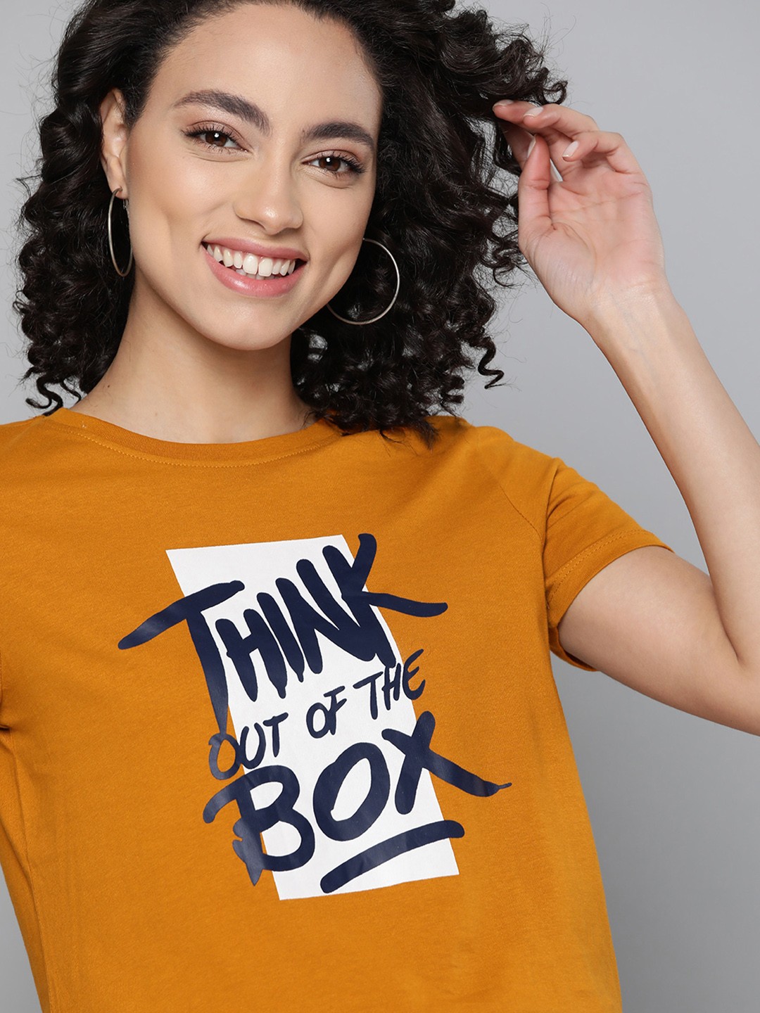 

Mast & Harbour Women Mustard Yellow Printed Pure Cotton Round Neck T-shirt