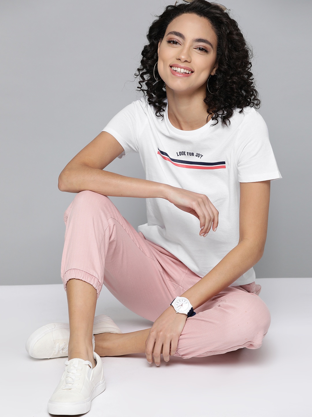 Mast & Harbour Women White Solid Pure Cotton Round Neck T-shirt