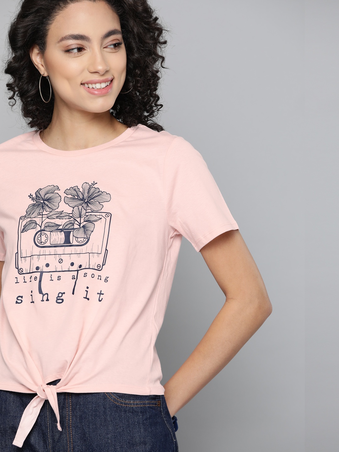 Mast & Harbour Women Peach-Coloured Printed Tie-Up Pure Cotton Top