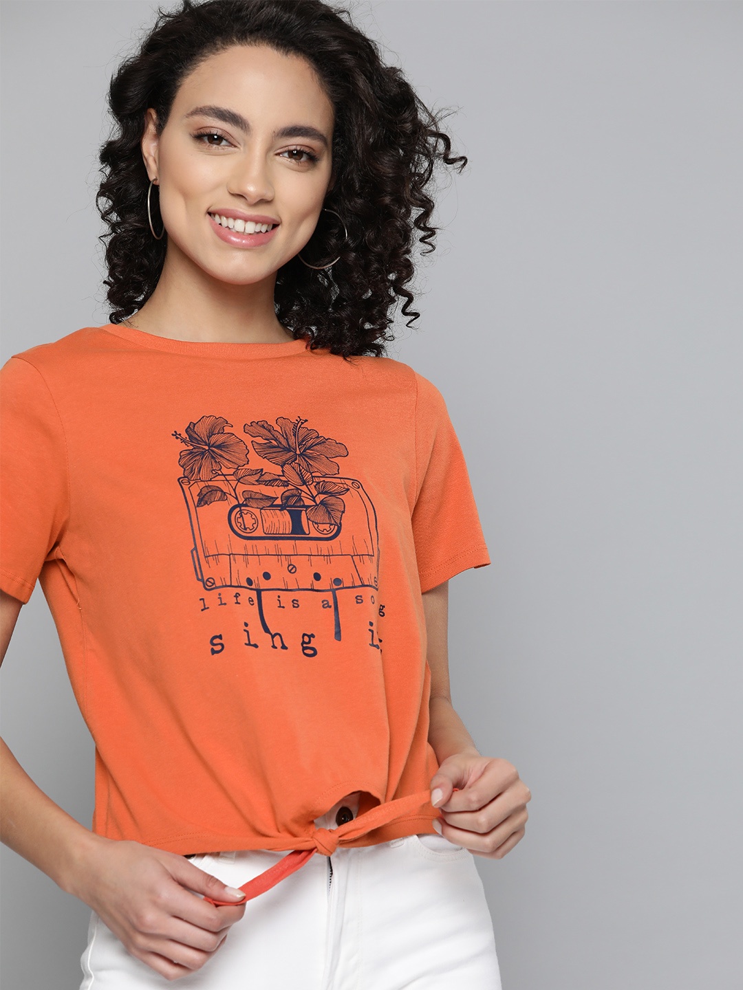 

Mast & Harbour Women Orange Printed Tie-Up Pure Cotton Top