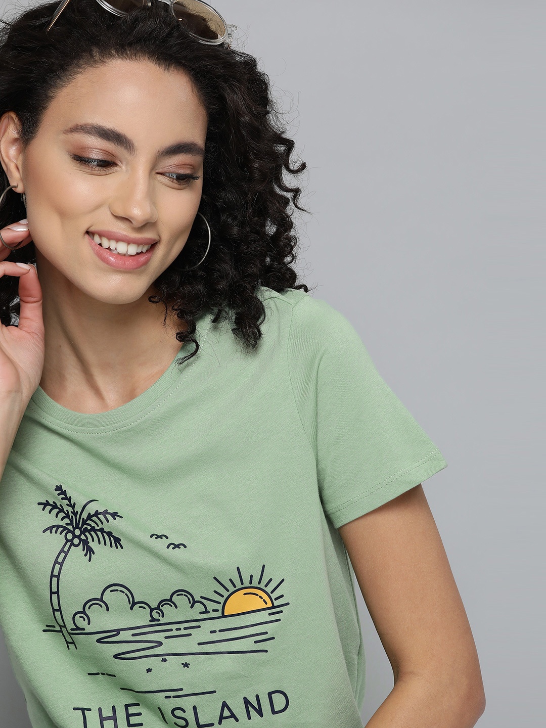 

Mast & Harbour Women Green Printed Pure Cotton Round Neck T-shirt