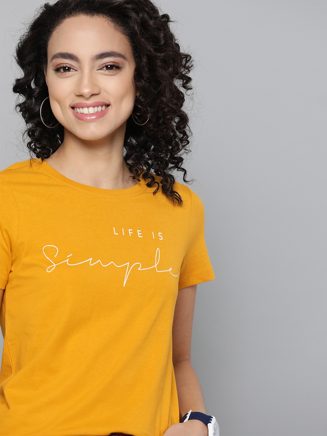 

Mast & Harbour Women Mustard Yellow Pure Cotton Round Neck T-shirt