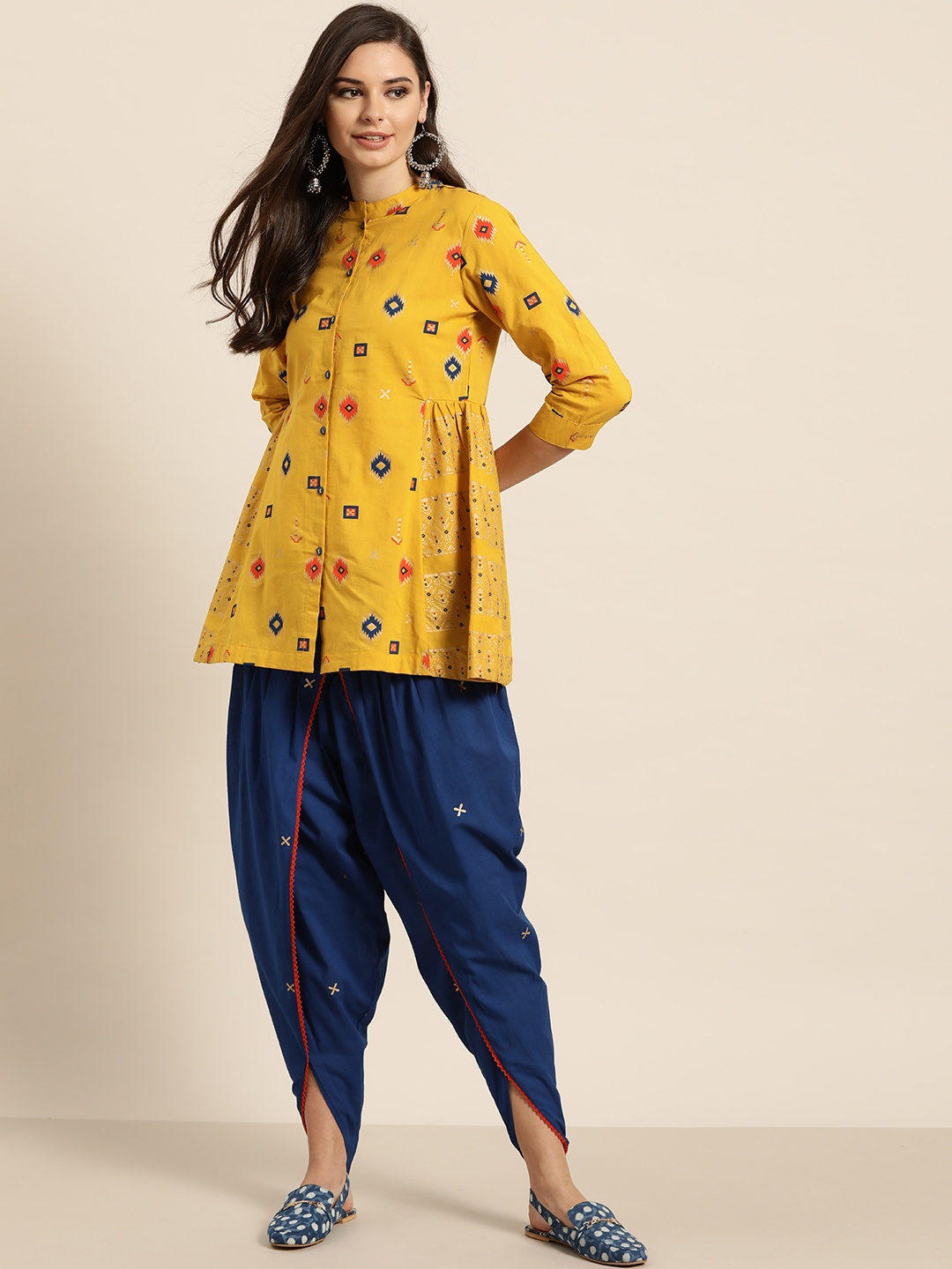 

Sangria Women Mustard & Navy Blue Pure Cotton Printed Kurta with Dhoti Pants