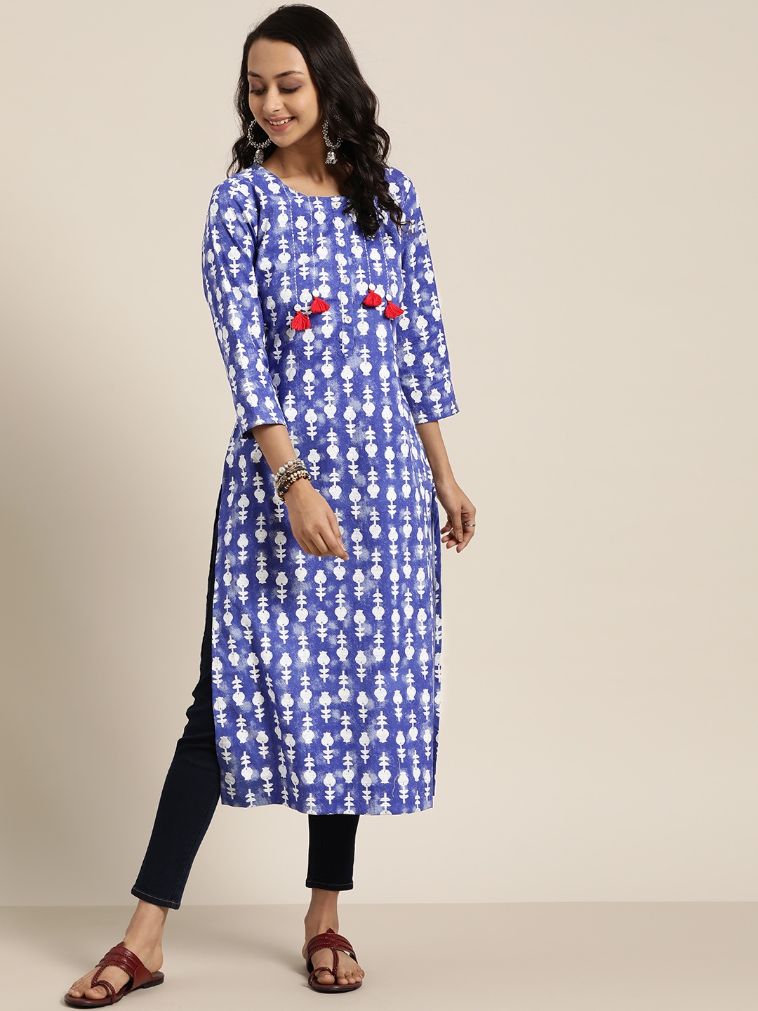 

Sangria Women Navy Blue & White Pure Cotton Printed Straight Kurta