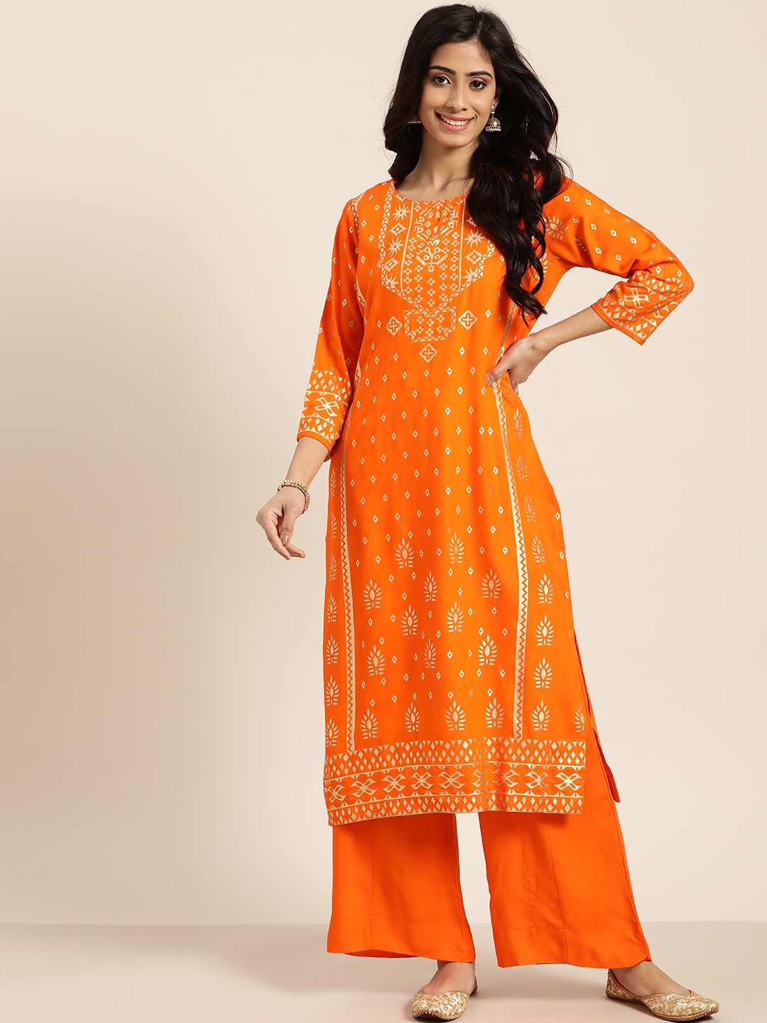 

Sangria Women Orange & Golden Printed Kurta with Palazzos
