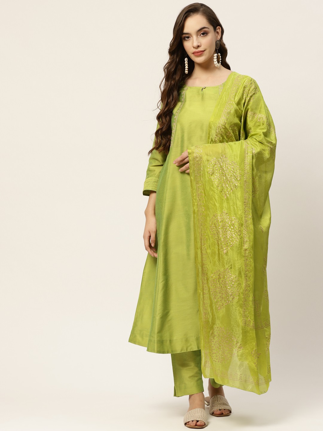 

Sangria Women Green Regular A-Line Kurta & Trousers With Dupatta