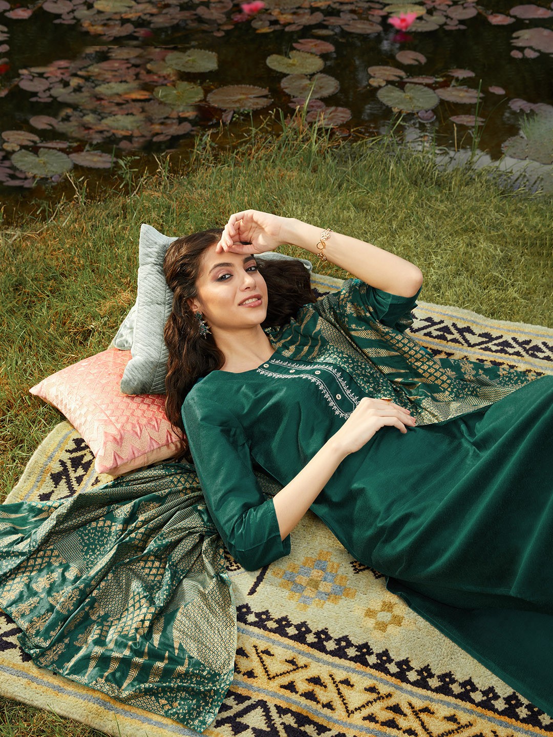 

Sangria Women Green & Golden Printed Kurta with Trousers & Dupatta