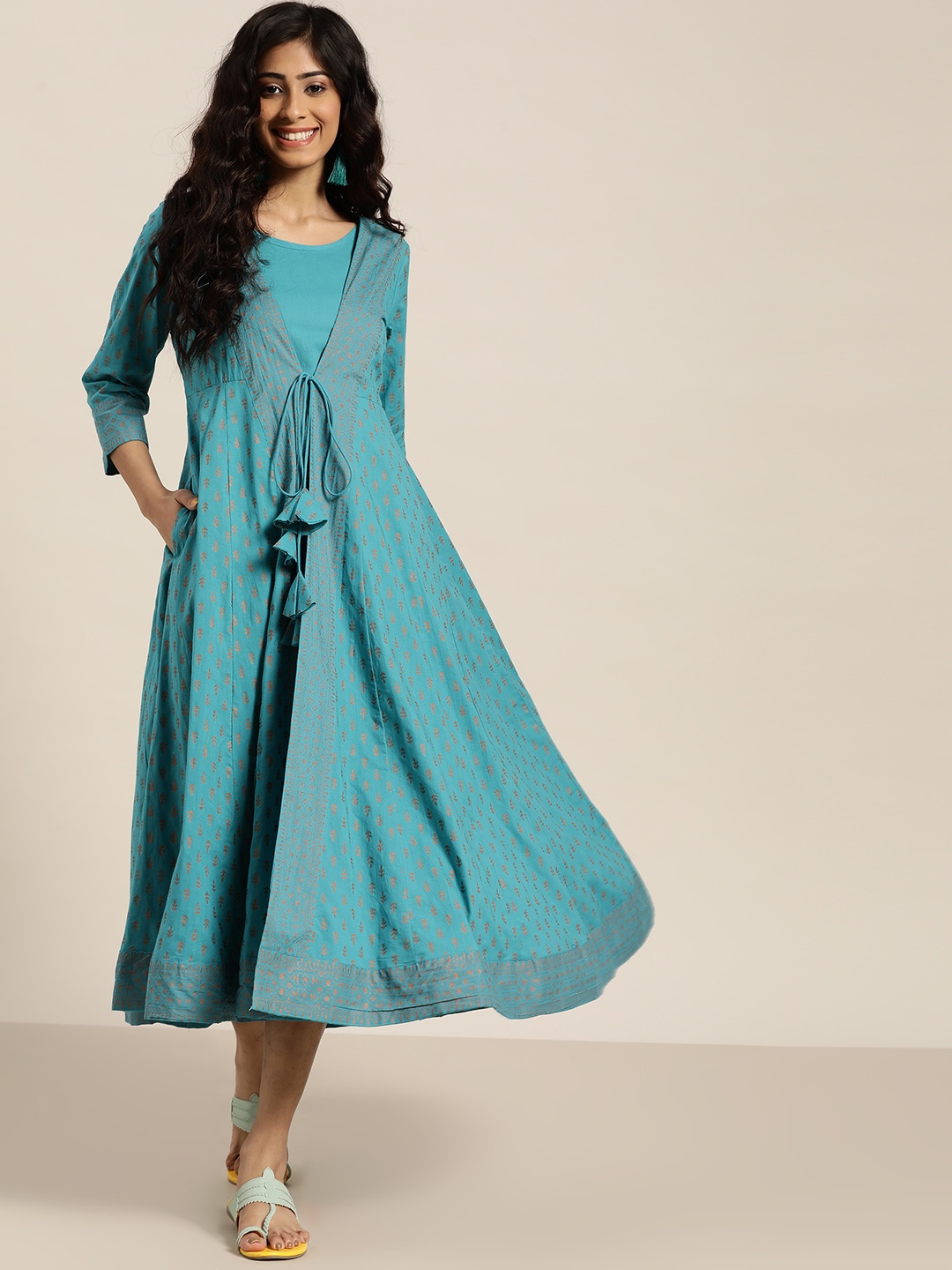 

Sangria Women Blue Solid A-Line Dress With Ethnic Printed Jacket