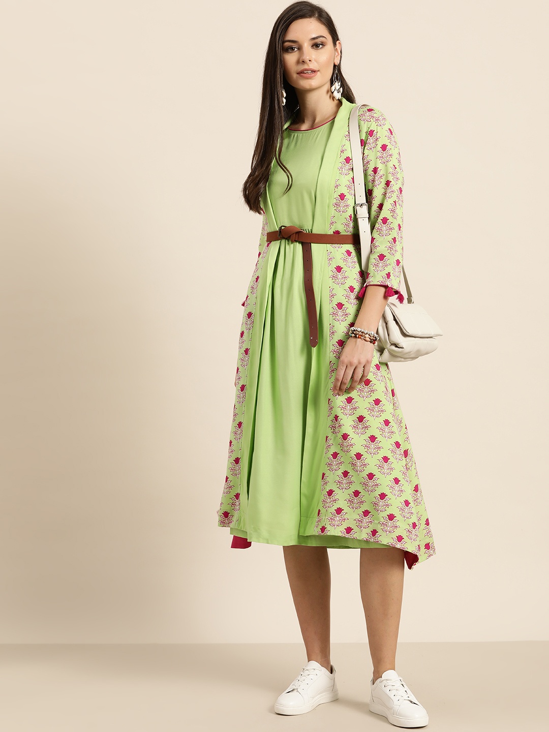 

Sangria Green & Magenta Pure Cotton Ethnic Motifs Printed A-Line Layered Dress