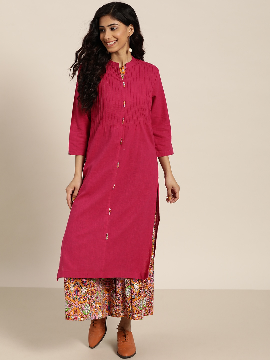 

Sangria Women Pink & Mustard Yellow Solid Pure Cotton Kurta with Printed Palazzos