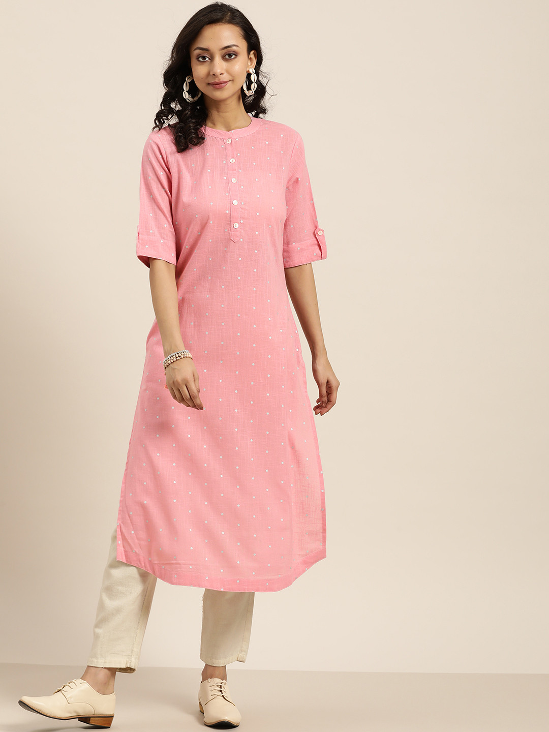 

Sangria Women Pink & Silver Polka Dots Printed Curved A-Line Kurta