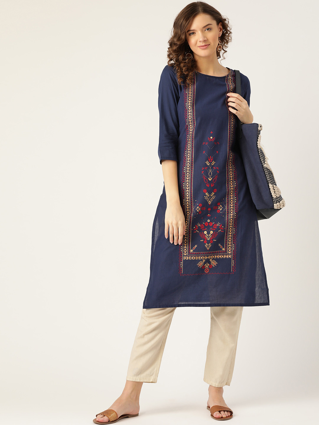 

Sangria Women Navy Blue & Beige Pure Cotton Printed Kurta