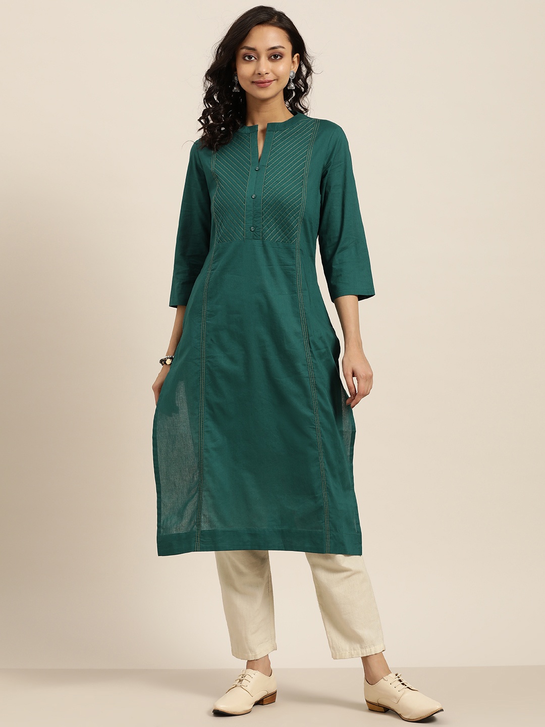 

Sangria Women Green Pure Cotton Solid A-Line Kurta