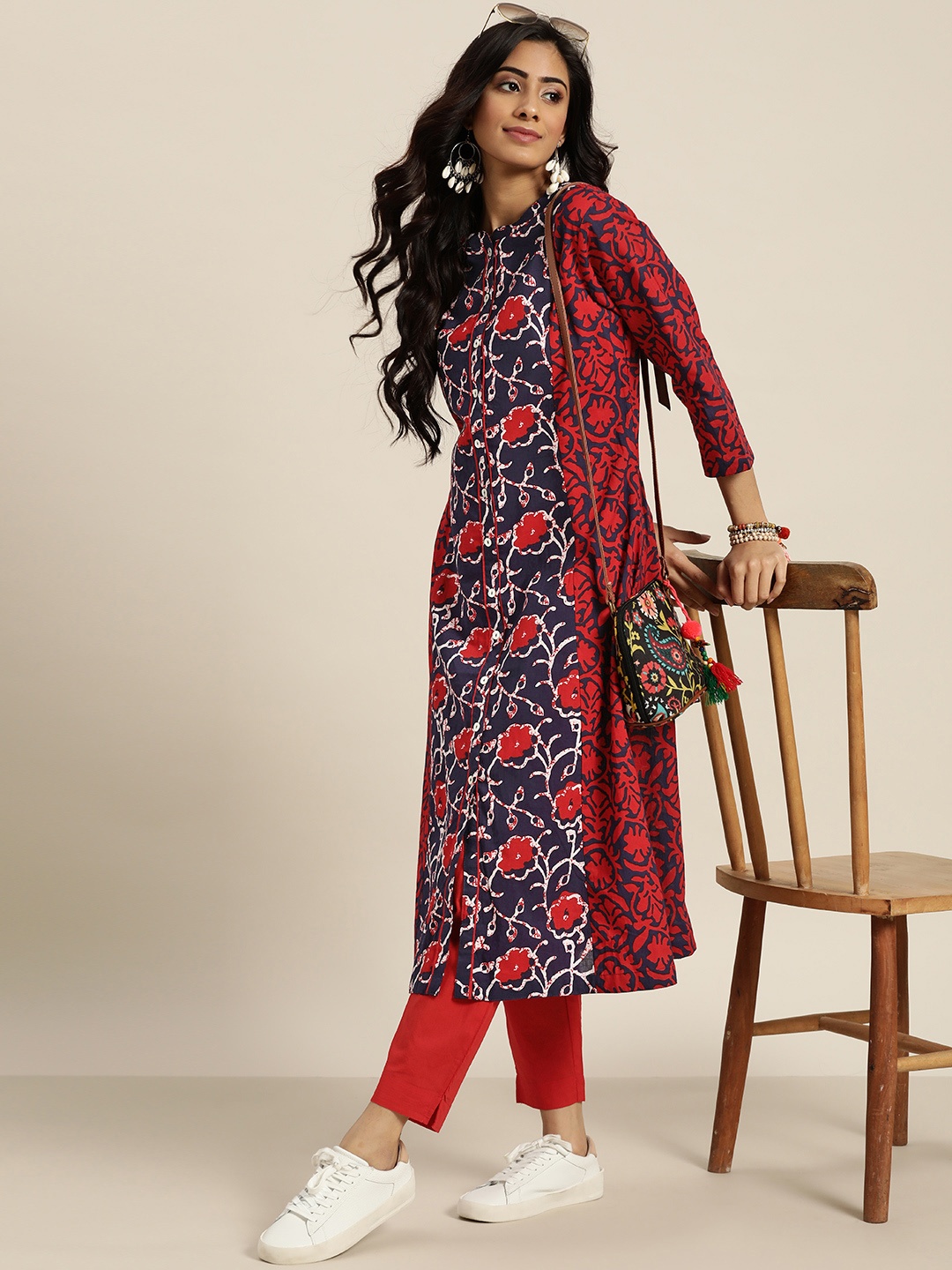 

Sangria Women Maroon & Navy Blue Printed Pure Cotton Kurta with Trousers