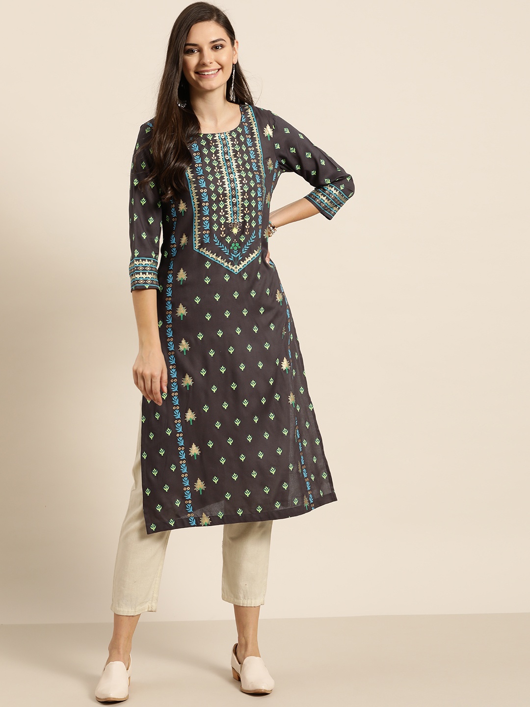 

Sangria Women Charcoal Grey & Green Ethnic Motifs Print Straight Kurta