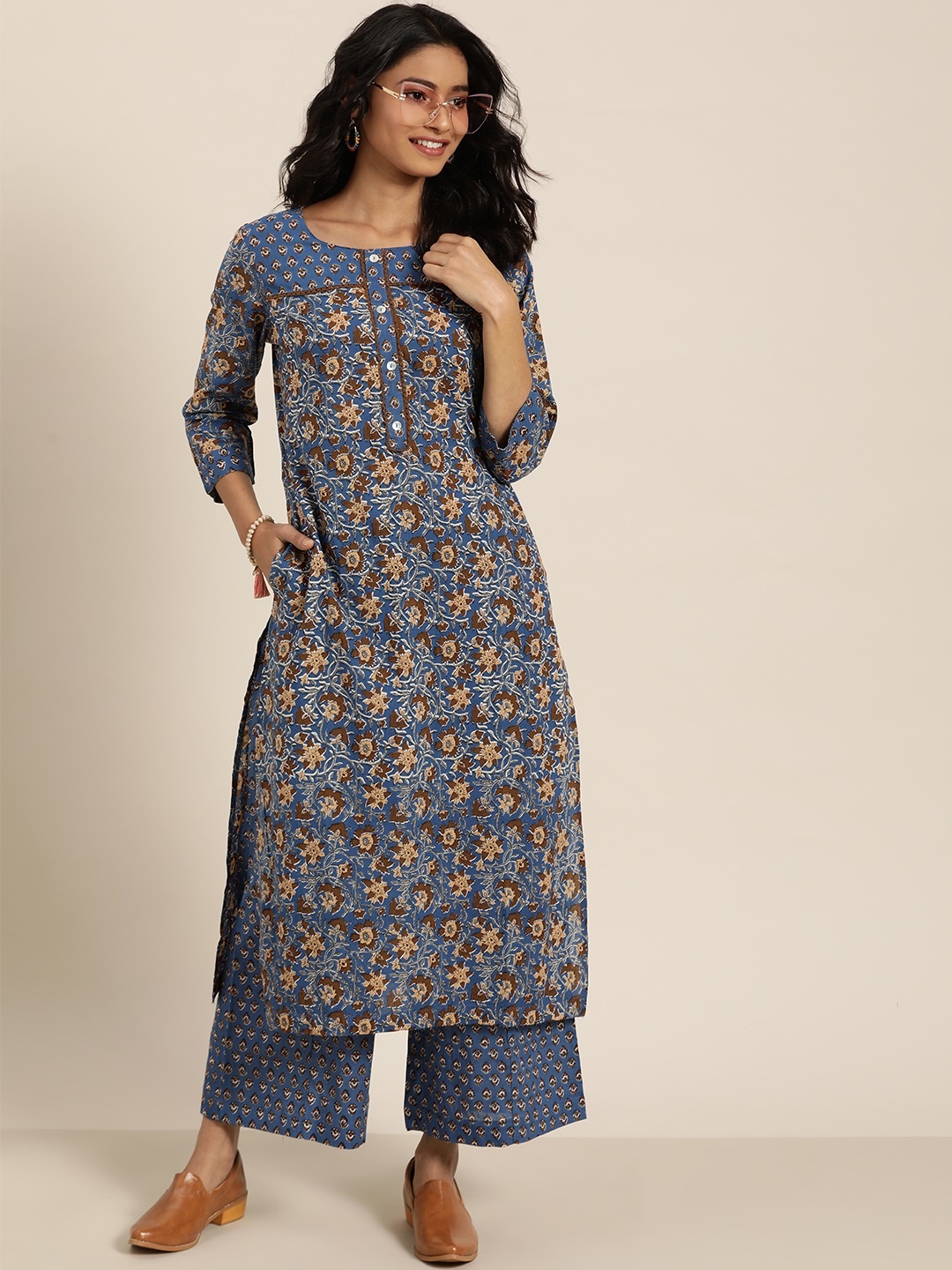 

Sangria Women Blue & Beige Pure Cotton Printed Kurta with Palazzos