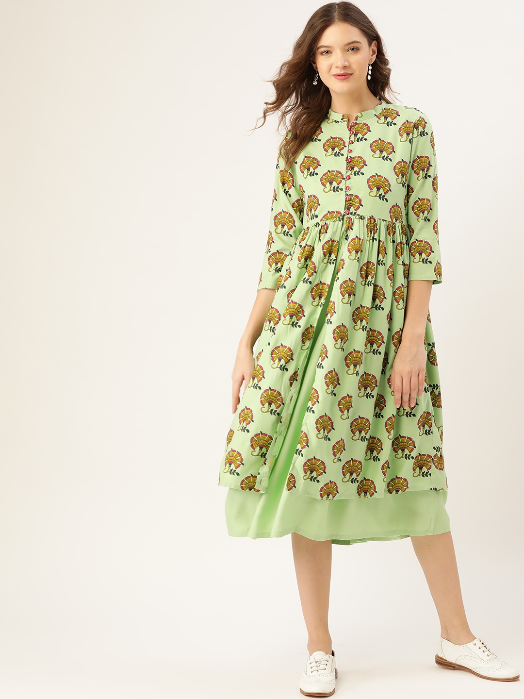 

Sangria Women Green & Maroon Printed Layered A-Line Dress