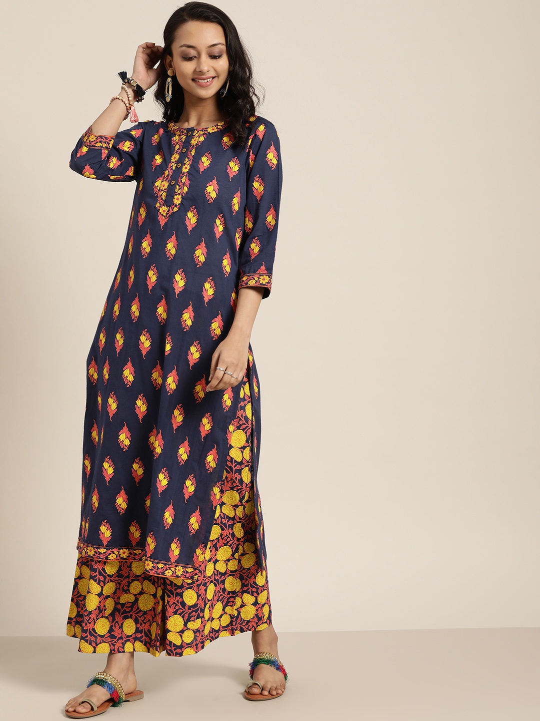 

Sangria Women Navy Blue & Yellow Printed Pure Cotton Kurta with Palazzos