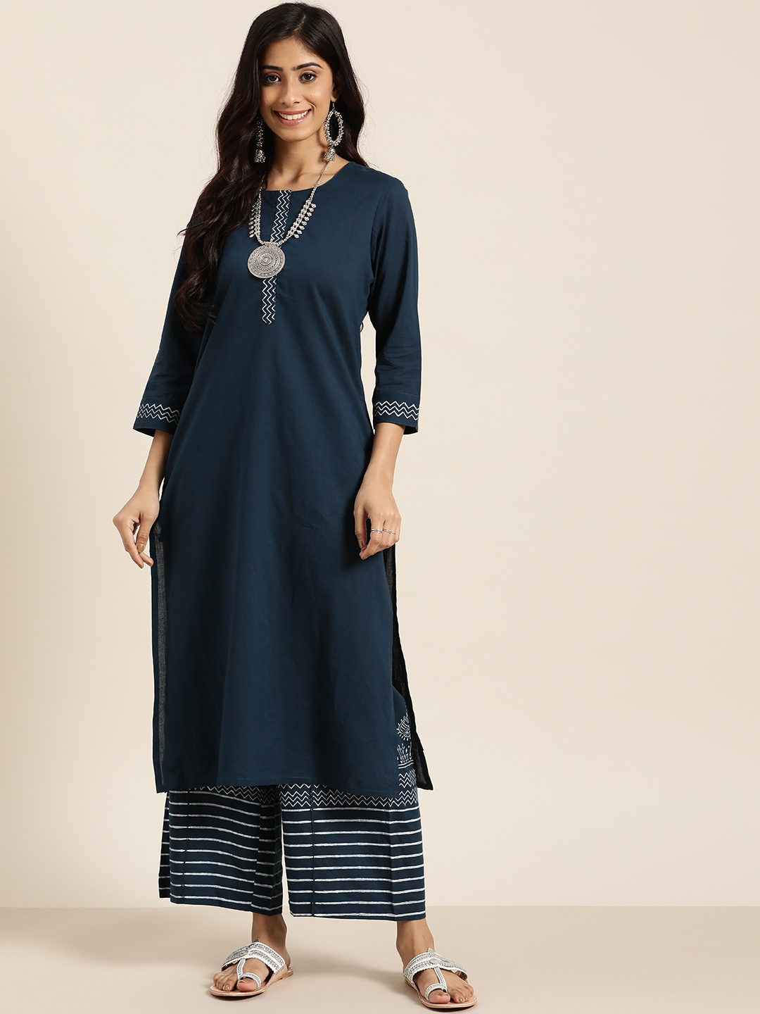 

Sangria Women Navy Blue Yoke Design Cotton Kurta with Palazzos