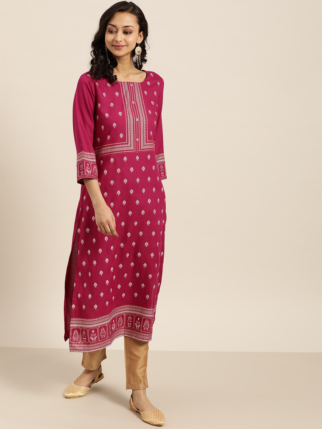 

Sangria Women Magenta & Golden Ethnic Motifs Print Straight Kurta