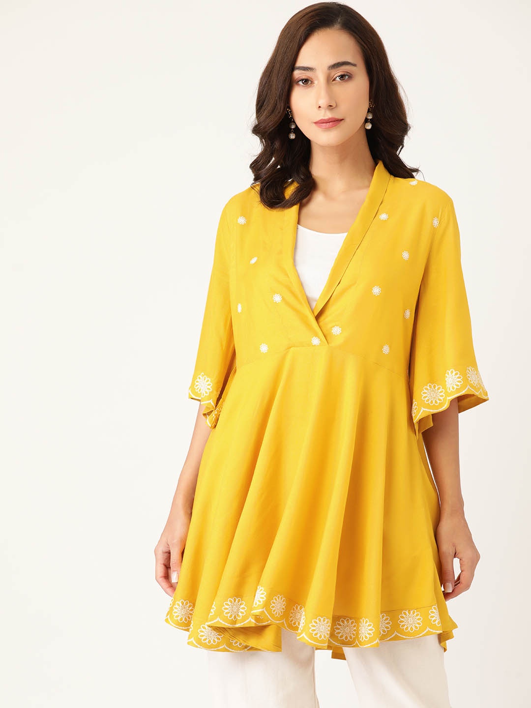 

Sangria Women Yellow & White Floral Print Flared Sleeve A-Line Top