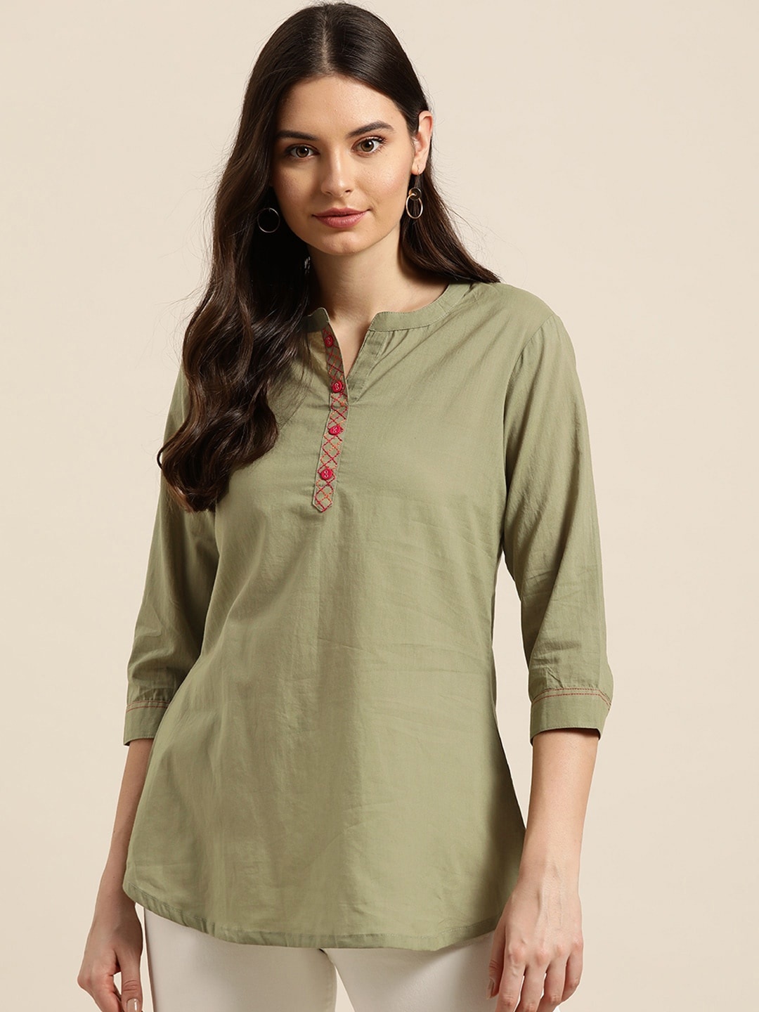 

Sangria Olive Green Pure Cotton Shirt Style Top