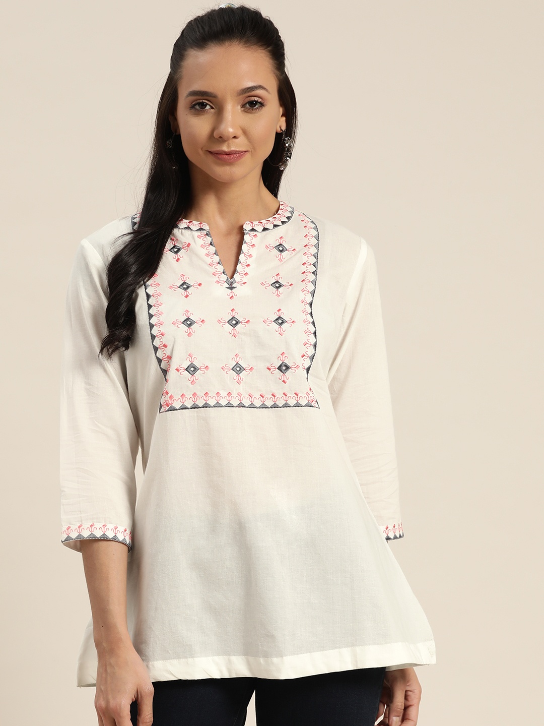 

Sangria Women White Embroidered Yoke Design Pure Cotton A-Line Top