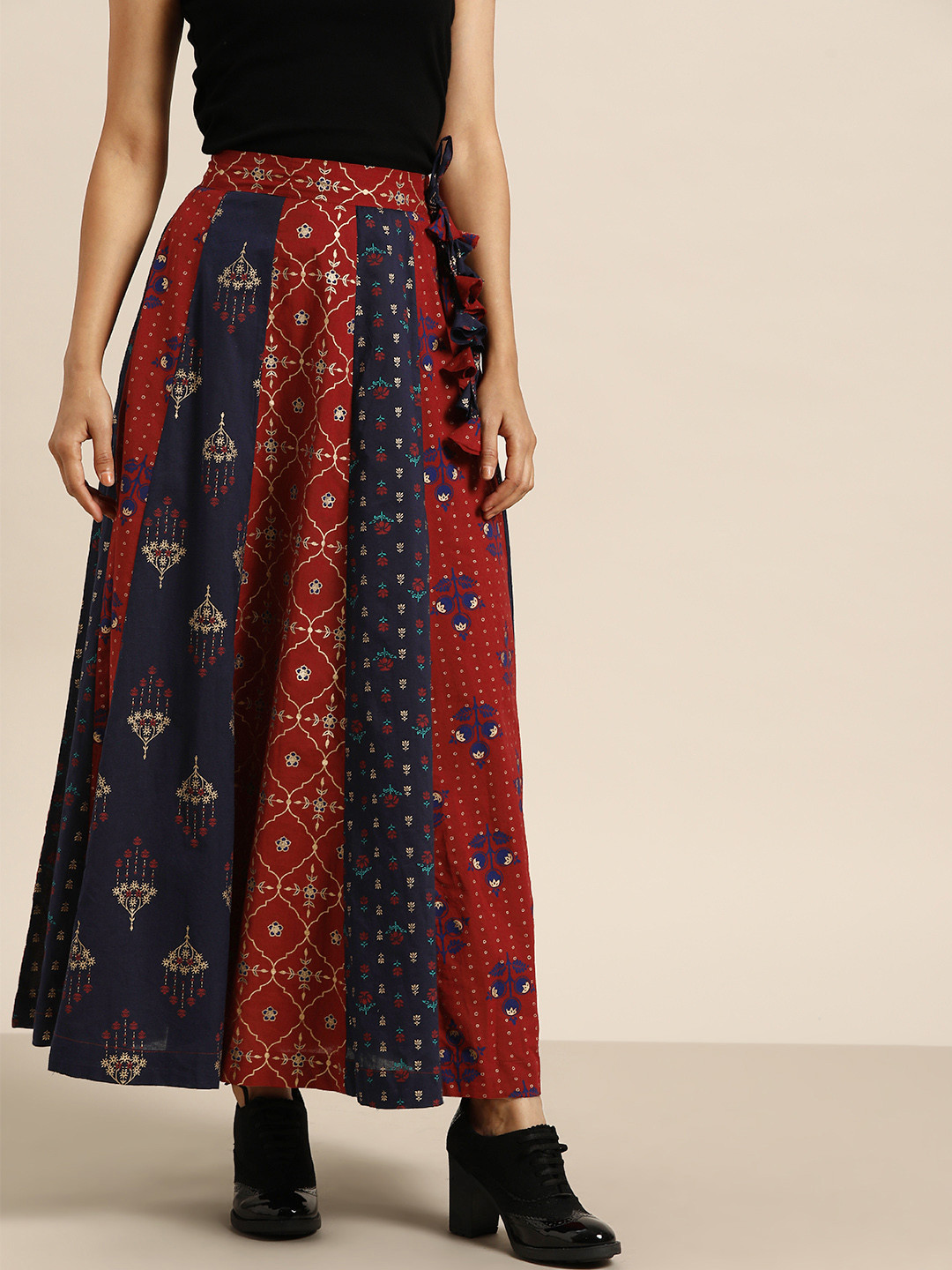 

Sangria Maroon & Navy Blue Printed Pure Cotton Flared Panelled Maxi Skirt