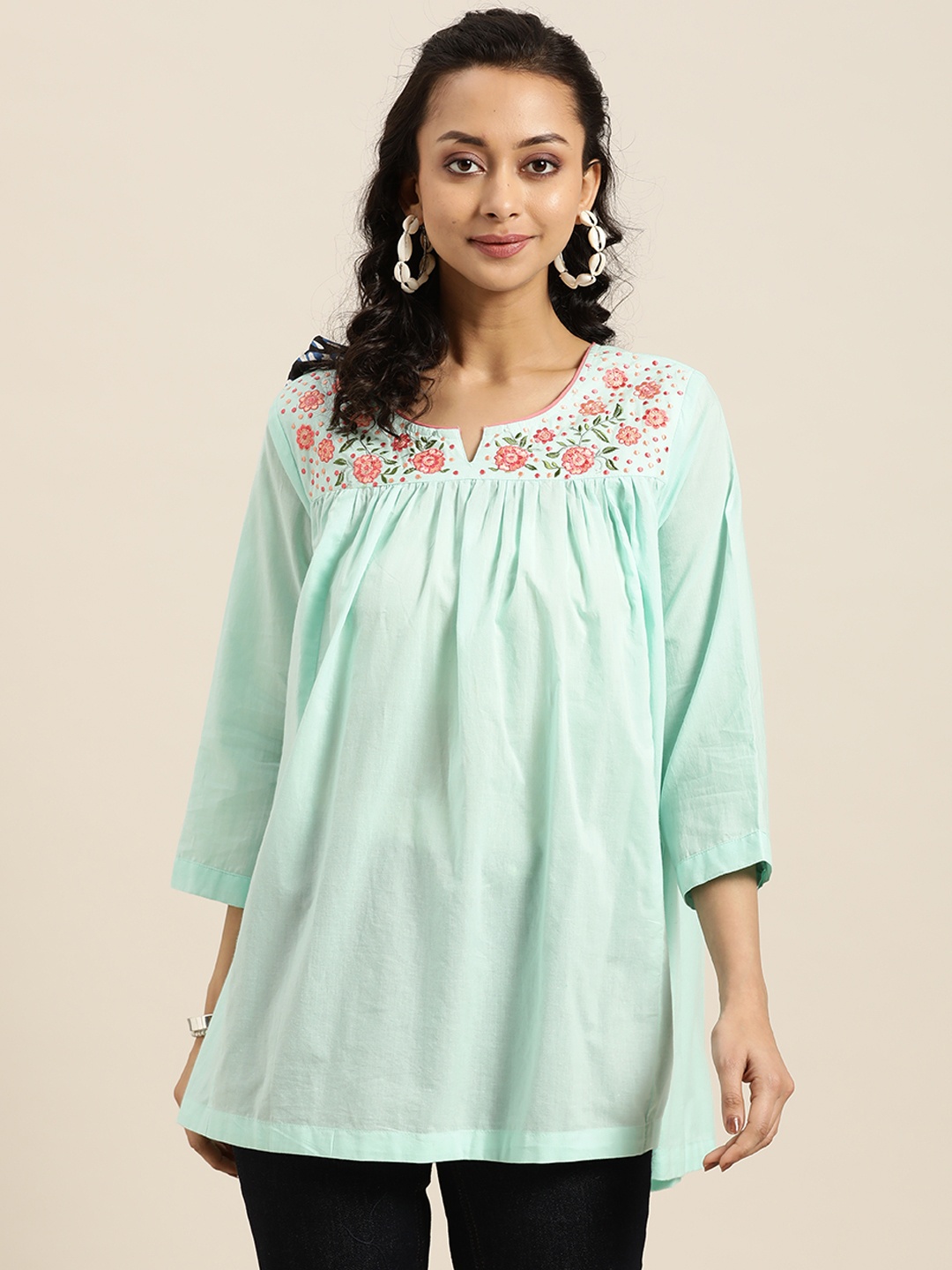 

Sangria Women Sea Green Yoke Design Pure Cotton Top