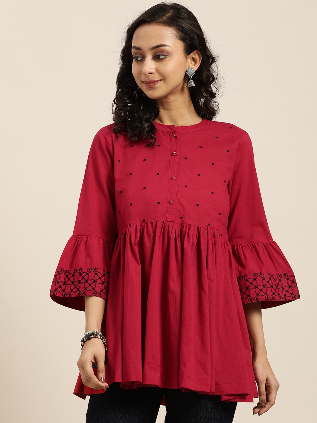 

Sangria Women Red Mandarin Collar Bell Sleeves Pure Cotton Top