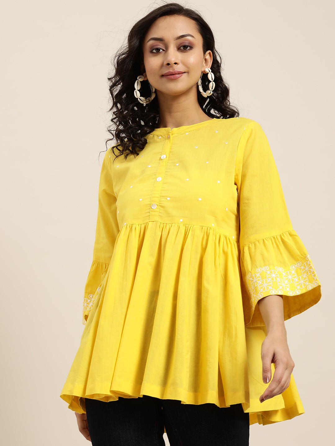 

Sangria Women Yellow Mandarin Collar Bell Sleeves Pure Cotton Top