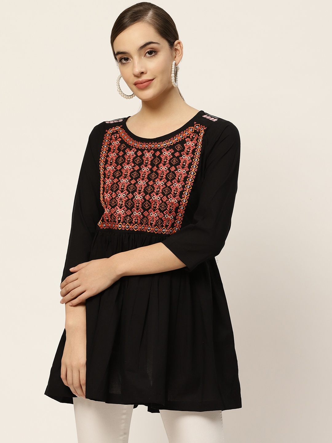 

Sangria Black & Orange Geometric Embroidered A-Line Top