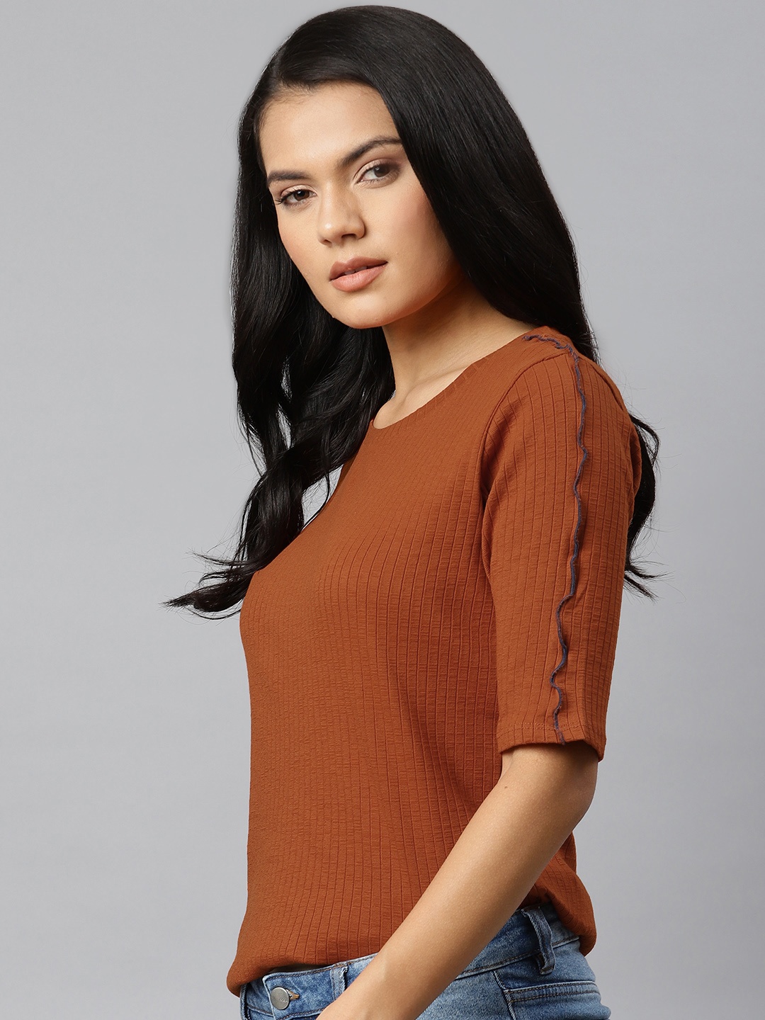 

The Roadster Lifestyle Co Women Rust Orange Striped T-shirt