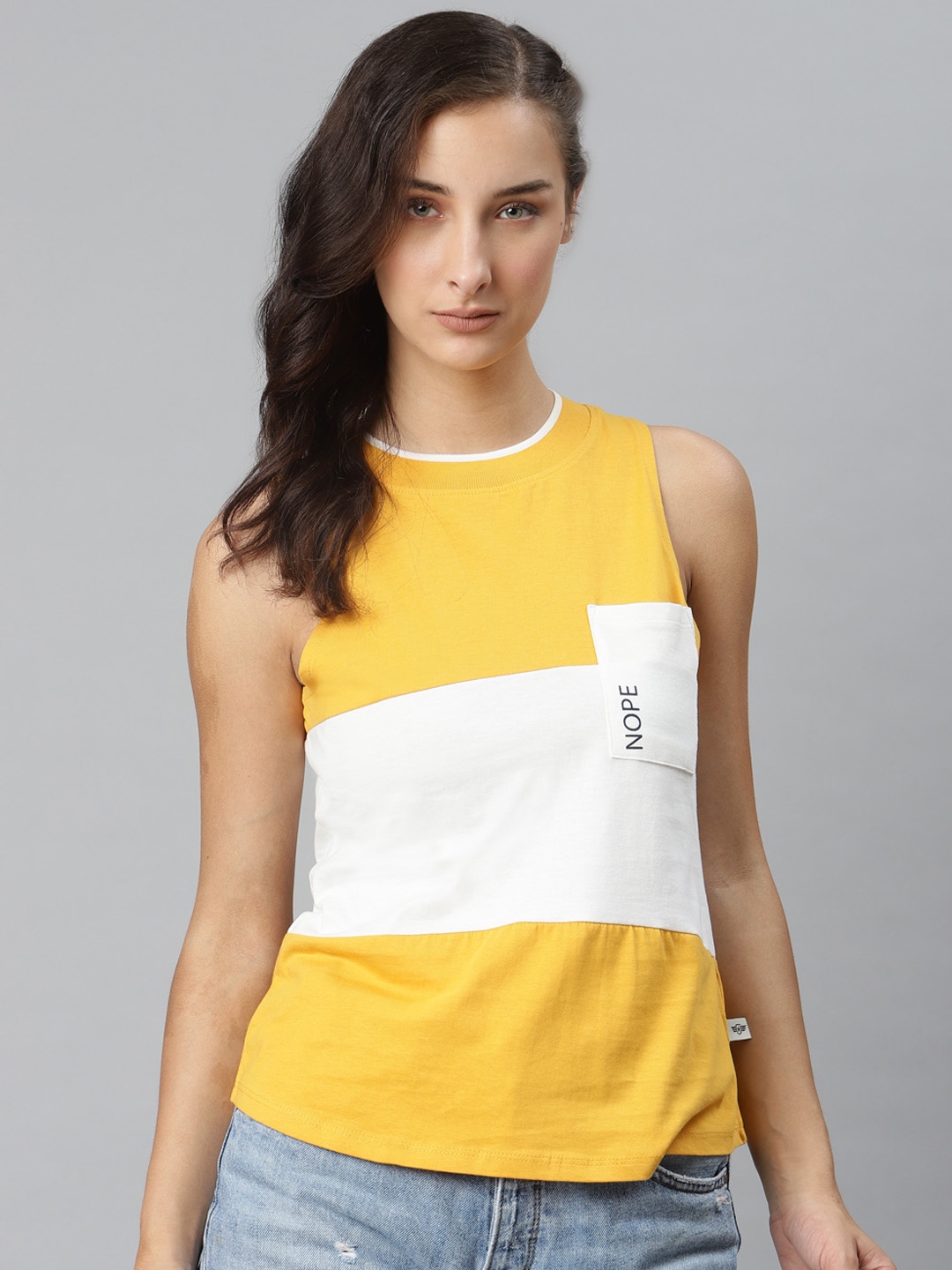 

The Roadster Lifestyle Co Women Yellow & White Colourblocked Round Neck T-shirt