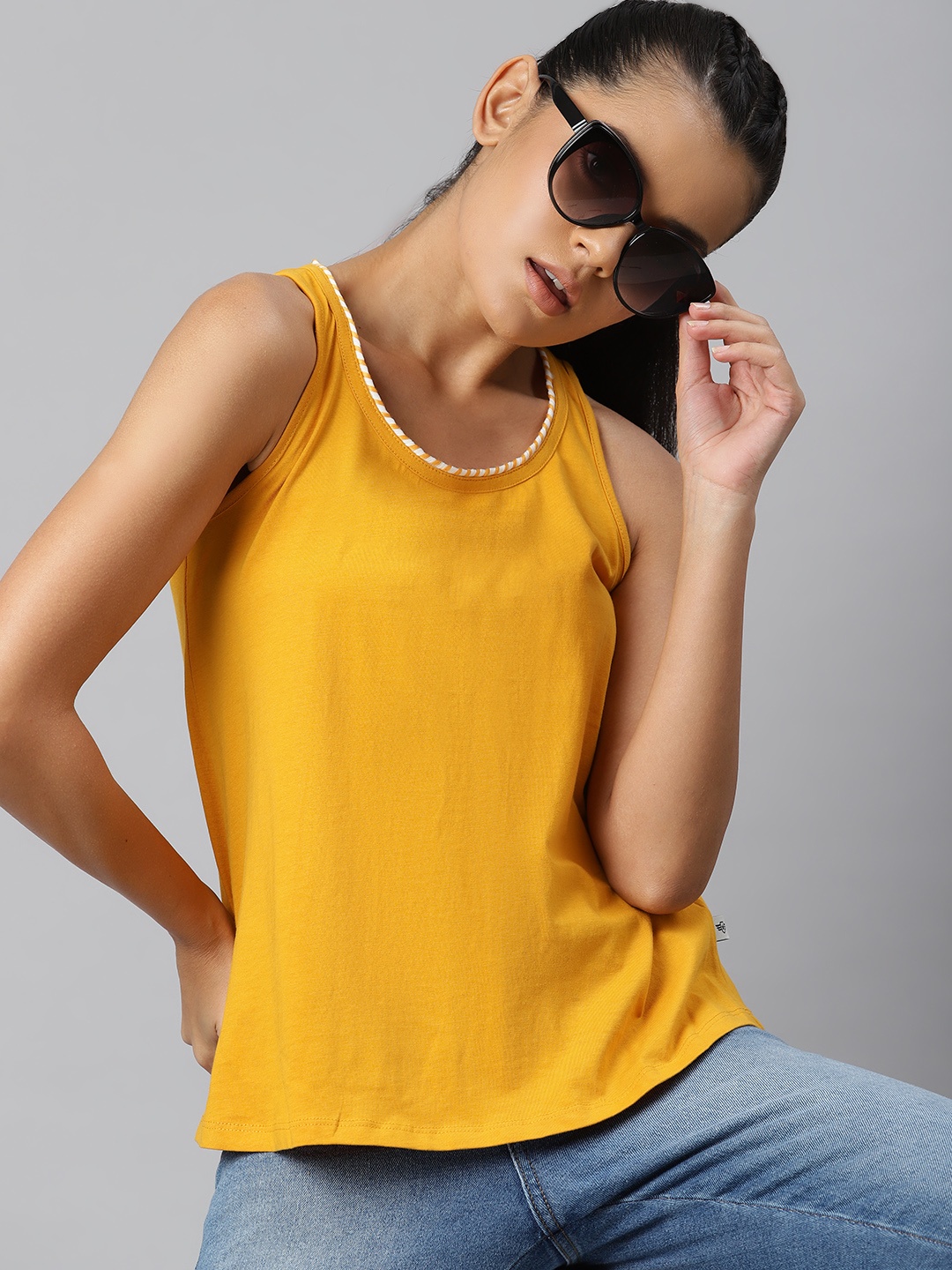 

The Roadster Lifestyle Co Women Mustard Yellow Solid Pure Cotton T-shirt