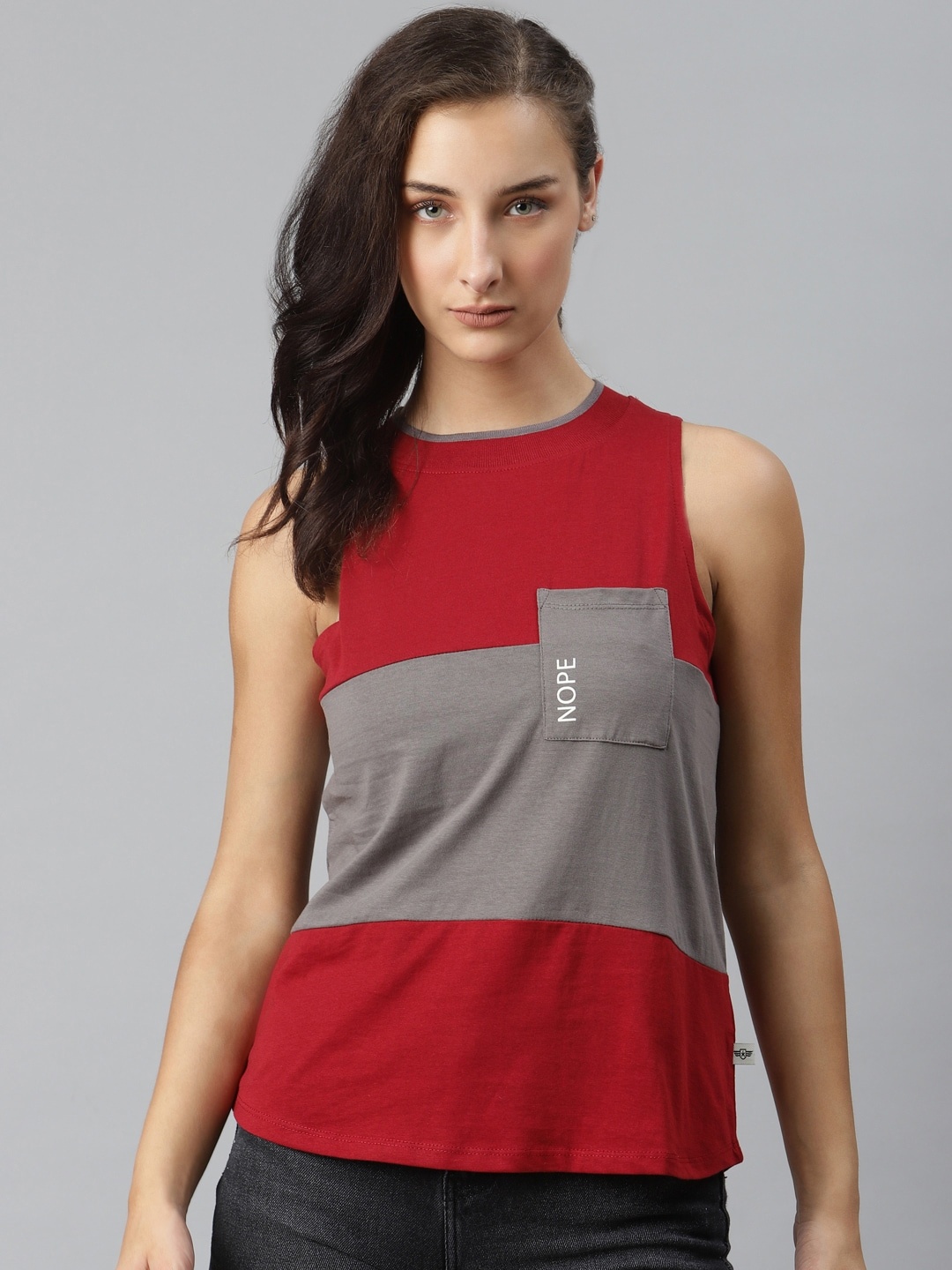 

The Roadster Lifestyle Co Women Red & Grey Colourblocked Round Neck T-shirt