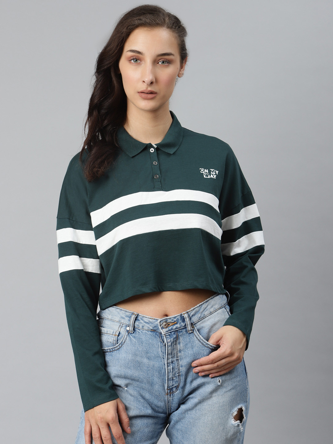 

The Roadster Lifestyle Co Women Green White Cotton Striped Polo Collar Cropped Pure Cotton T-shirt