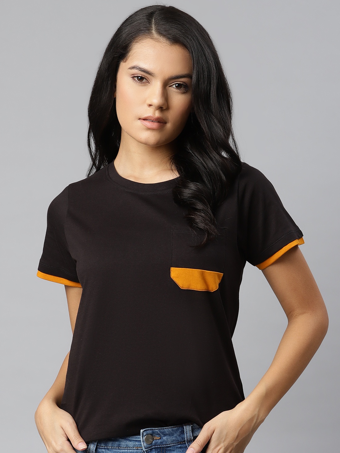 

The Roadster Lifestyle Co Women Black Pure Cotton T-shirt With Contrast Pocket