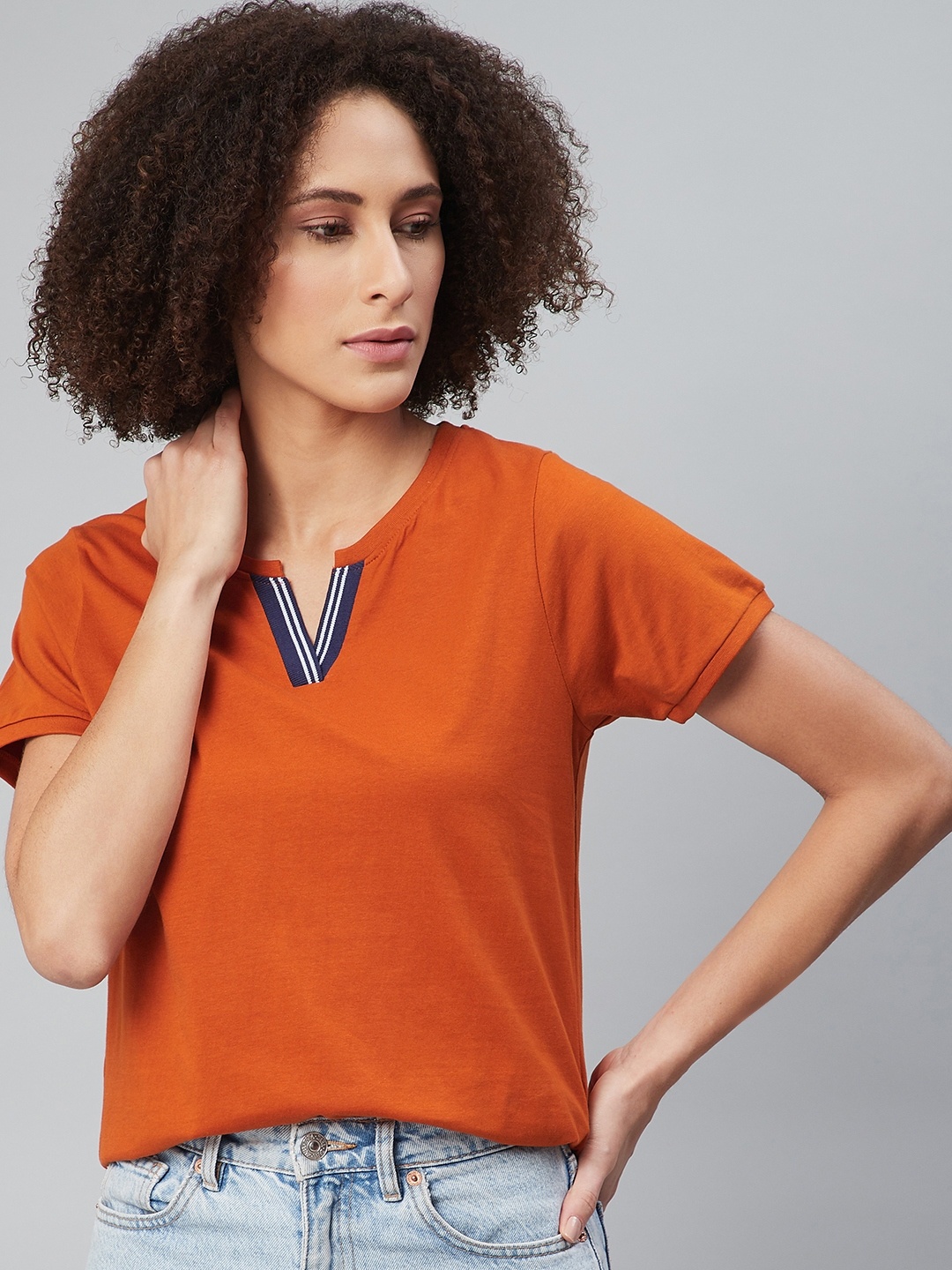 

The Roadster Lifestyle Co Women Rust Orange Solid Cotton Round Neck T-shirt