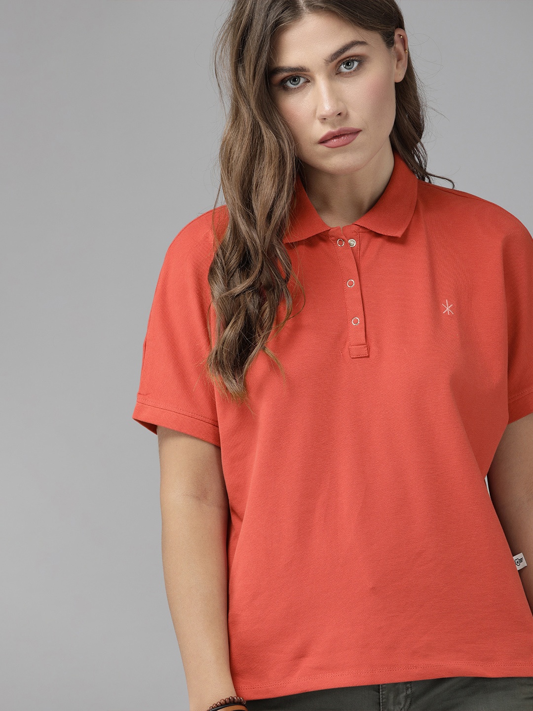 

The Roadster Lifestyle Co Women Rust Red Solid Polo Collar T-shirt